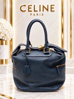 Authentic Celine Paris Navy Blue Pebbled Leather Tote Handbag Gold Hardware